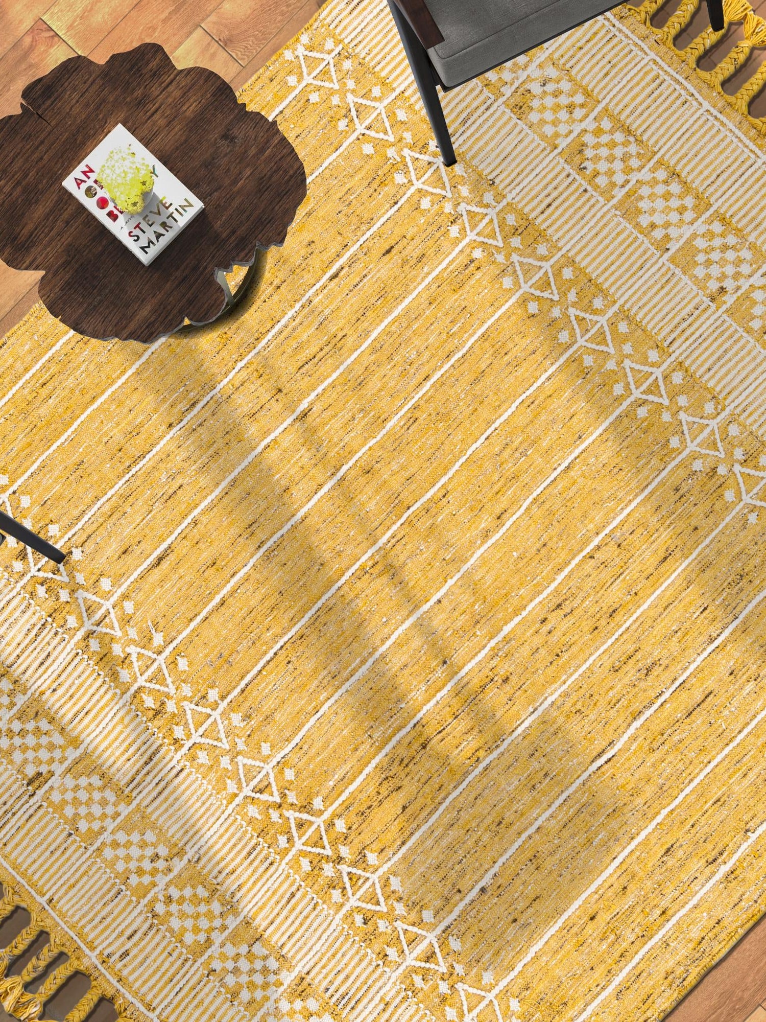 Mustard Yellow 2' x 3' 1 Eco Bohemian Indoor Outdoor Rectangle Area Rug Weather Resistant for Patio, Deck, Terrace, Balcony, Porch 100% Recycled PET Polyester Carpet Mat for Sale at Rug Engine