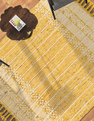 Mustard Yellow 2' x 3' 1 Eco Bohemian Indoor Outdoor Rectangle Area Rug Weather Resistant for Patio, Deck, Terrace, Balcony, Porch 100% Recycled PET Polyester Carpet Mat for Sale at Rug Engine