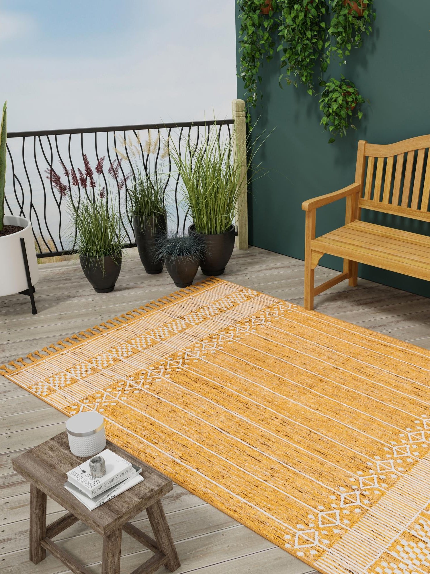 Mustard Yellow 10' x 14' 1 Eco Bohemian Indoor Outdoor Rectangle Area Rug Weather Resistant for Patio, Deck, Terrace, Balcony, Porch 100% Recycled PET Polyester Carpet Mat for Sale at Rug Engine