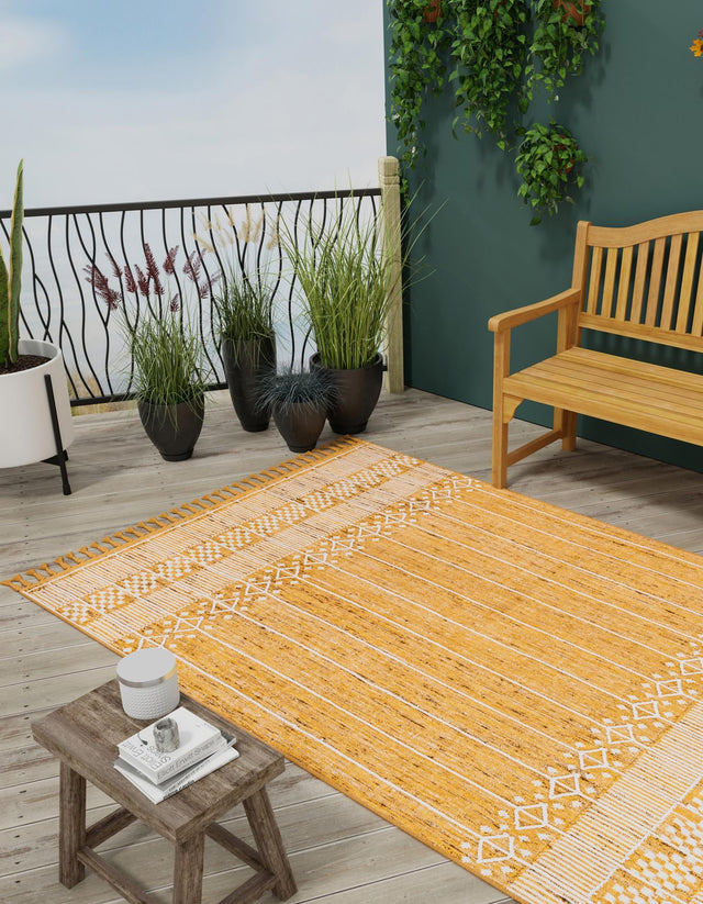 Mustard Yellow 2' x 3' 1 Eco Bohemian Indoor Outdoor Rectangle Area Rug Weather Resistant for Patio, Deck, Terrace, Balcony, Porch 100% Recycled PET Polyester Carpet Mat for Sale at Rug Engine