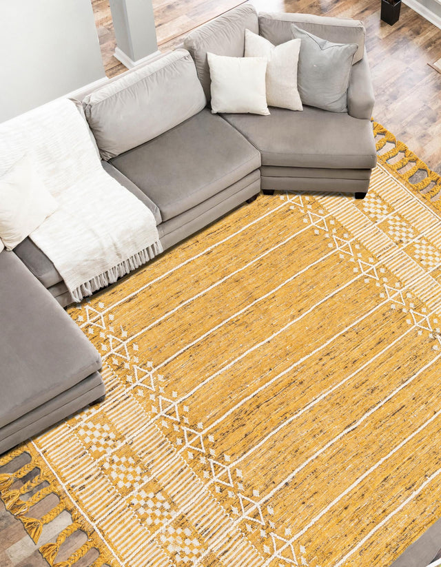 Mustard Yellow 5' 1 x 8' Eco Bohemian Indoor Outdoor Rectangle Area Rug Weather Resistant for Patio, Deck, Terrace, Balcony, Porch 100% Recycled PET Polyester Carpet Mat for Sale at Rug Engine