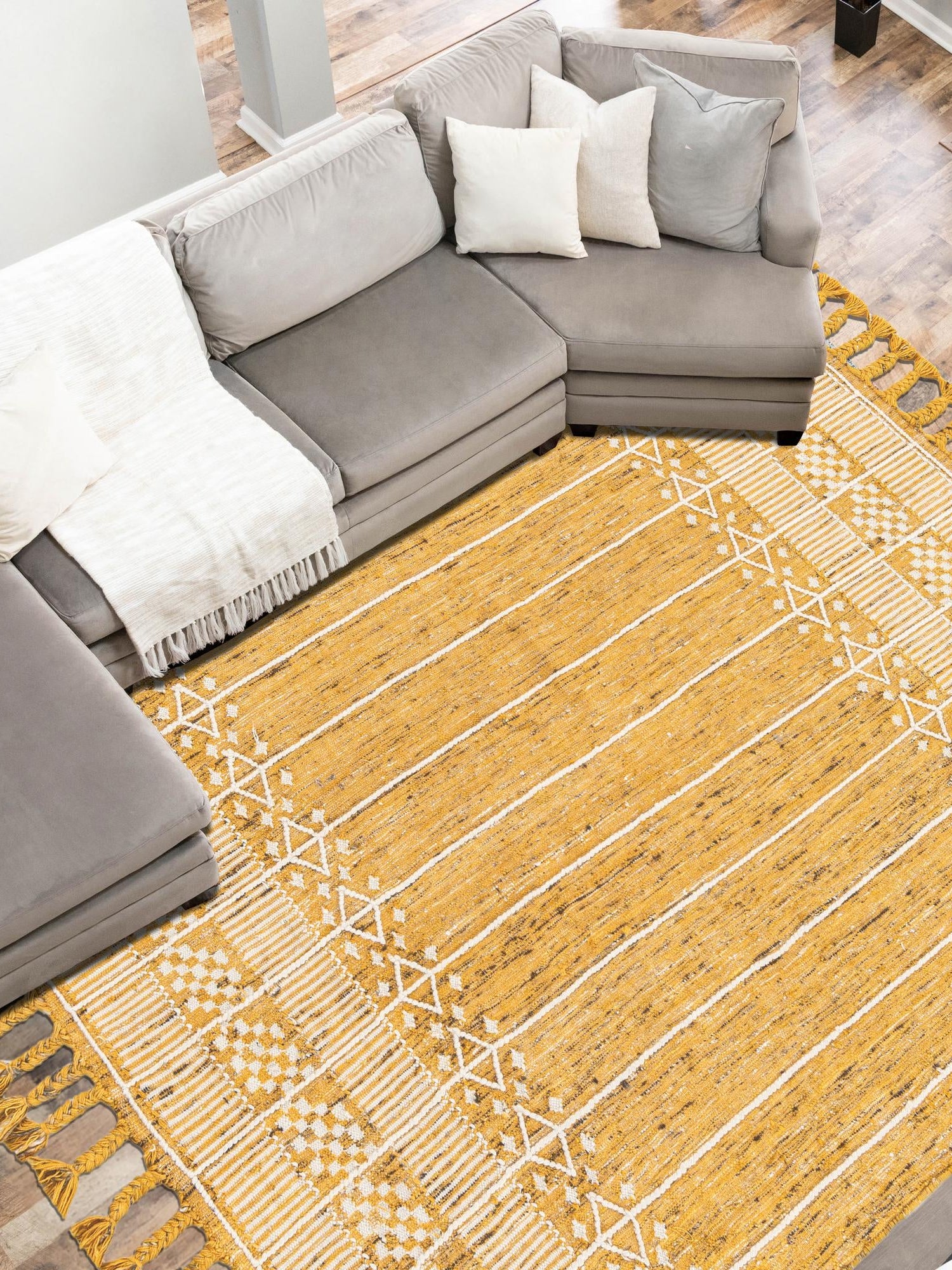 Mustard Yellow 7' 10 x 10' Eco Bohemian Indoor Outdoor Rectangle Area Rug Weather Resistant for Patio, Deck, Terrace, Balcony, Porch 100% Recycled PET Polyester Carpet Mat for Sale at Rug Engine
