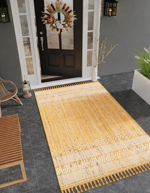 Mustard Yellow 5' 1 x 8' Eco Bohemian Indoor Outdoor Rectangle Area Rug Weather Resistant for Patio, Deck, Terrace, Balcony, Porch 100% Recycled PET Polyester Carpet Mat for Sale at Rug Engine
