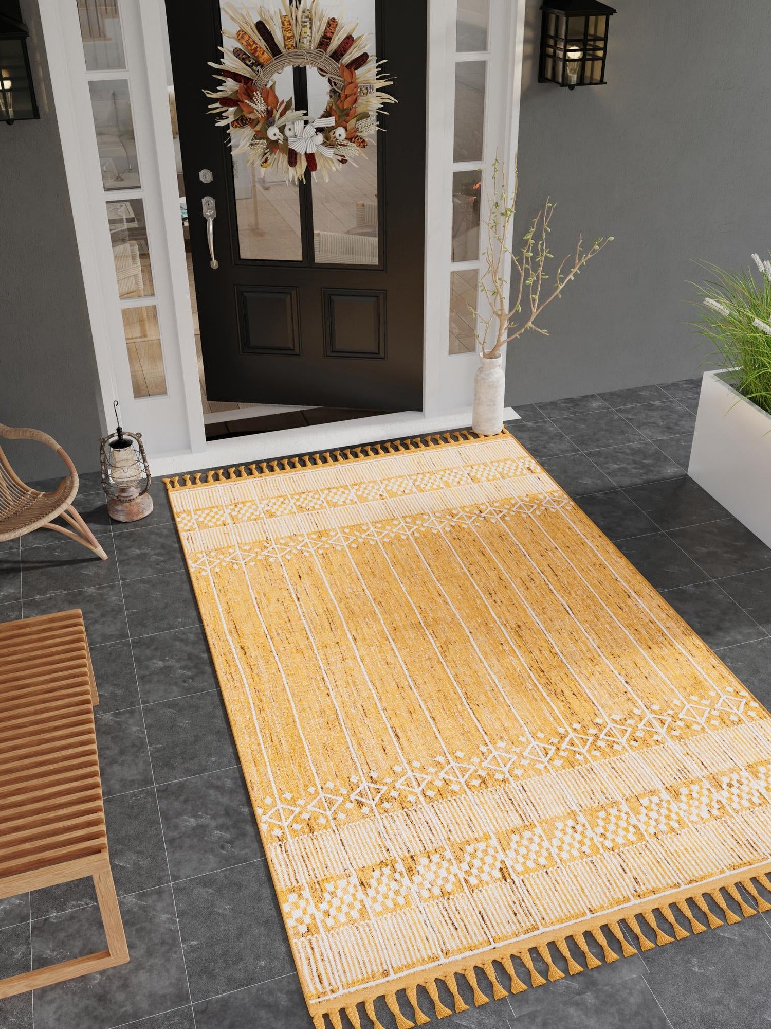 Mustard Yellow 2' x 3' 1 Eco Bohemian Indoor Outdoor Rectangle Area Rug Weather Resistant for Patio, Deck, Terrace, Balcony, Porch 100% Recycled PET Polyester Carpet Mat for Sale at Rug Engine