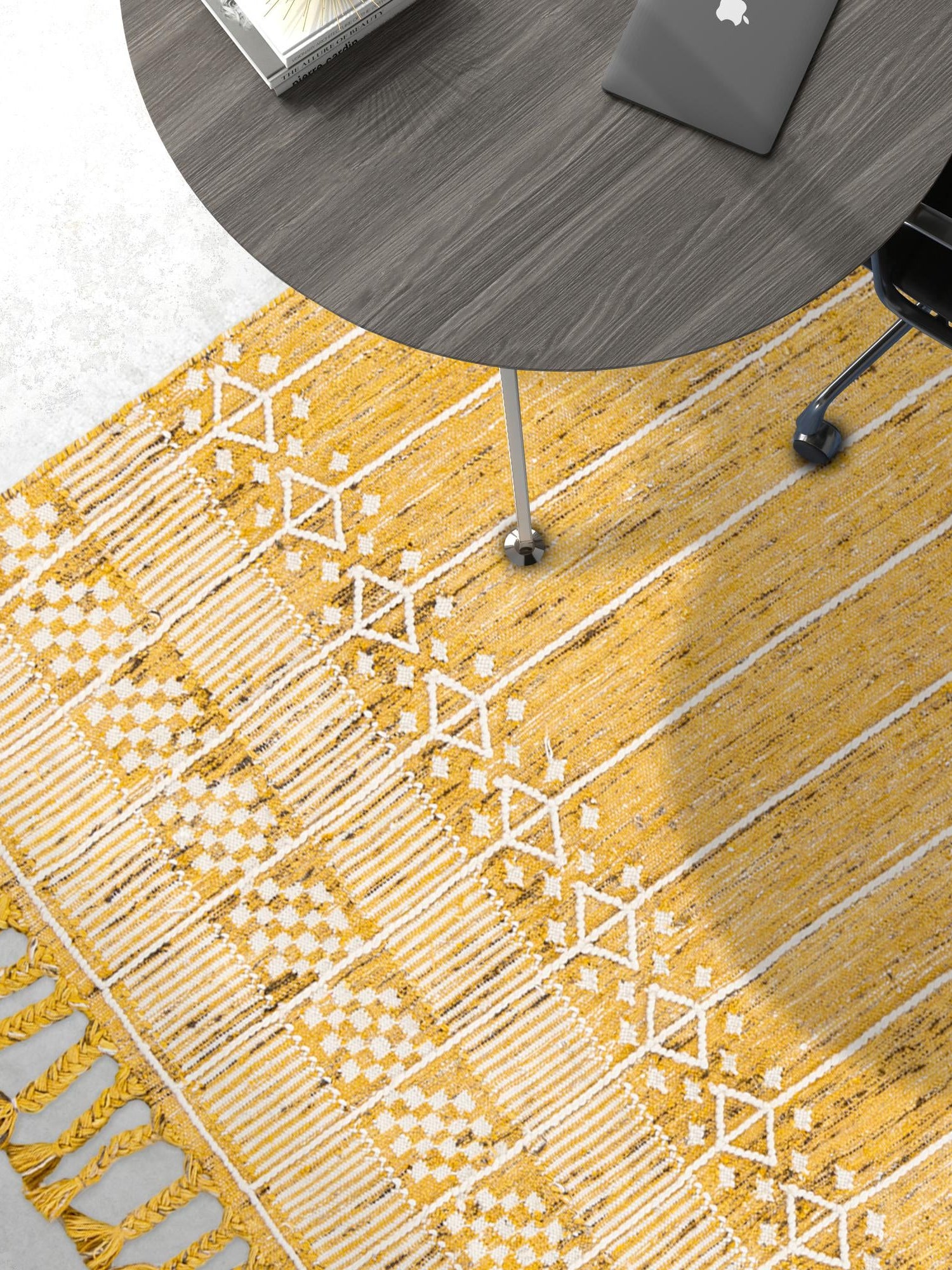Mustard Yellow 5' 1 x 8' Eco Bohemian Indoor Outdoor Rectangle Area Rug Weather Resistant for Patio, Deck, Terrace, Balcony, Porch 100% Recycled PET Polyester Carpet Mat for Sale at Rug Engine