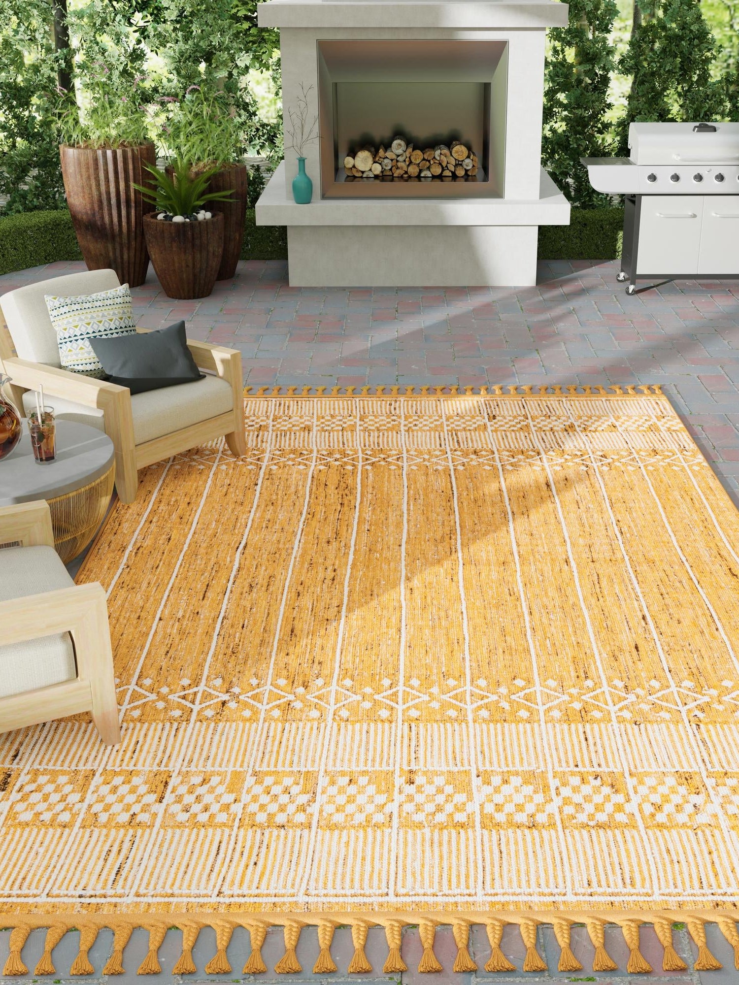 Mustard Yellow 5' 1 x 8' Eco Bohemian Indoor Outdoor Rectangle Area Rug Weather Resistant for Patio, Deck, Terrace, Balcony, Porch 100% Recycled PET Polyester Carpet Mat for Sale at Rug Engine