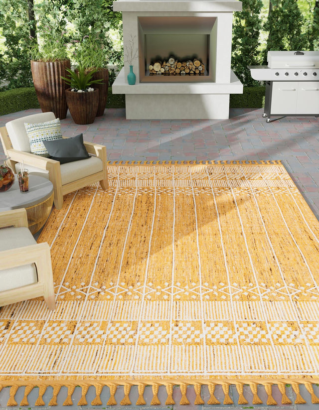 Mustard Yellow 5' 1 x 8' Eco Bohemian Indoor Outdoor Rectangle Area Rug Weather Resistant for Patio, Deck, Terrace, Balcony, Porch 100% Recycled PET Polyester Carpet Mat for Sale at Rug Engine