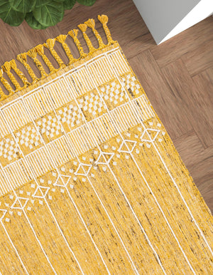 Mustard Yellow 4' 1 x 6' 1 Eco Bohemian Indoor Outdoor Rectangle Area Rug Weather Resistant for Patio, Deck, Terrace, Balcony, Porch 100% Recycled PET Polyester Carpet Mat for Sale at Rug Engine