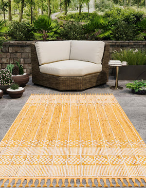 Mustard Yellow 4' 1 x 6' 1 Eco Bohemian Indoor Outdoor Rectangle Area Rug Weather Resistant for Patio, Deck, Terrace, Balcony, Porch 100% Recycled PET Polyester Carpet Mat for Sale at Rug Engine