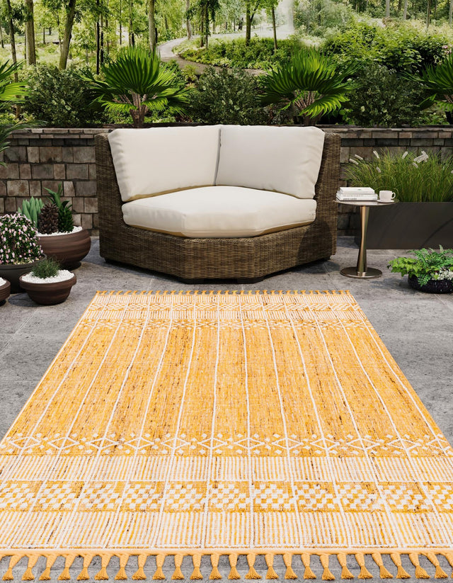 Mustard Yellow 4' 1 x 6' 1 Eco Bohemian Indoor Outdoor Rectangle Area Rug Weather Resistant for Patio, Deck, Terrace, Balcony, Porch 100% Recycled PET Polyester Carpet Mat for Sale at Rug Engine
