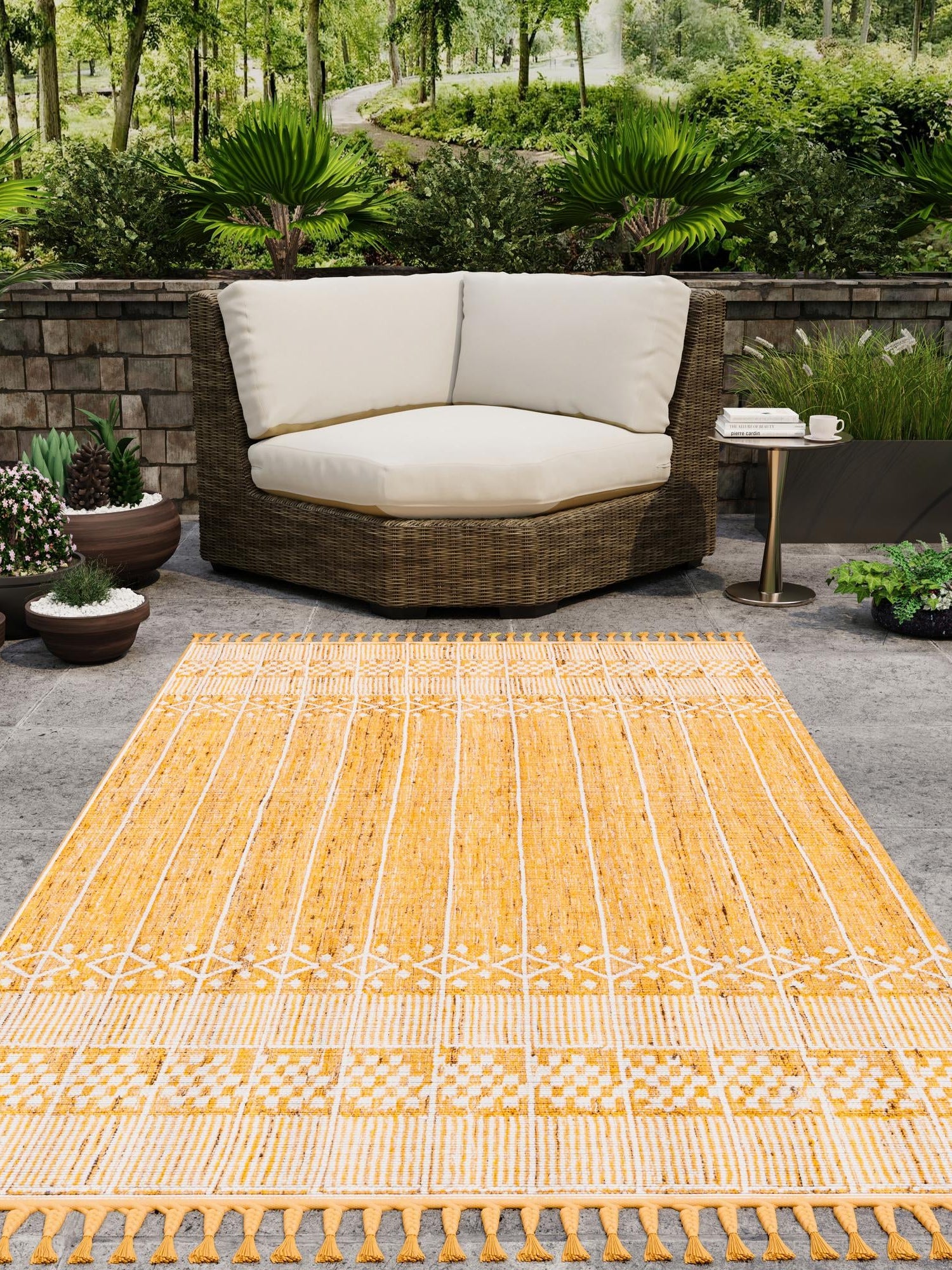 Mustard Yellow 5' 1 x 8' Eco Bohemian Indoor Outdoor Rectangle Area Rug Weather Resistant for Patio, Deck, Terrace, Balcony, Porch 100% Recycled PET Polyester Carpet Mat for Sale at Rug Engine