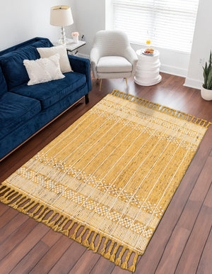 Mustard Yellow 4' 1 x 6' 1 Eco Bohemian Indoor Outdoor Rectangle Area Rug Weather Resistant for Patio, Deck, Terrace, Balcony, Porch 100% Recycled PET Polyester Carpet Mat for Sale at Rug Engine