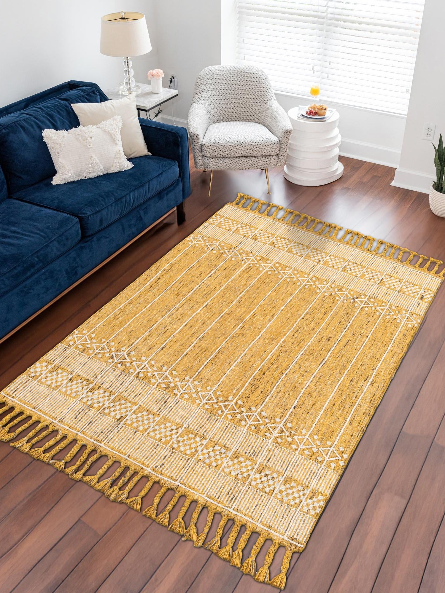 Mustard Yellow 2' x 3' 1 Eco Bohemian Indoor Outdoor Rectangle Area Rug Weather Resistant for Patio, Deck, Terrace, Balcony, Porch 100% Recycled PET Polyester Carpet Mat for Sale at Rug Engine