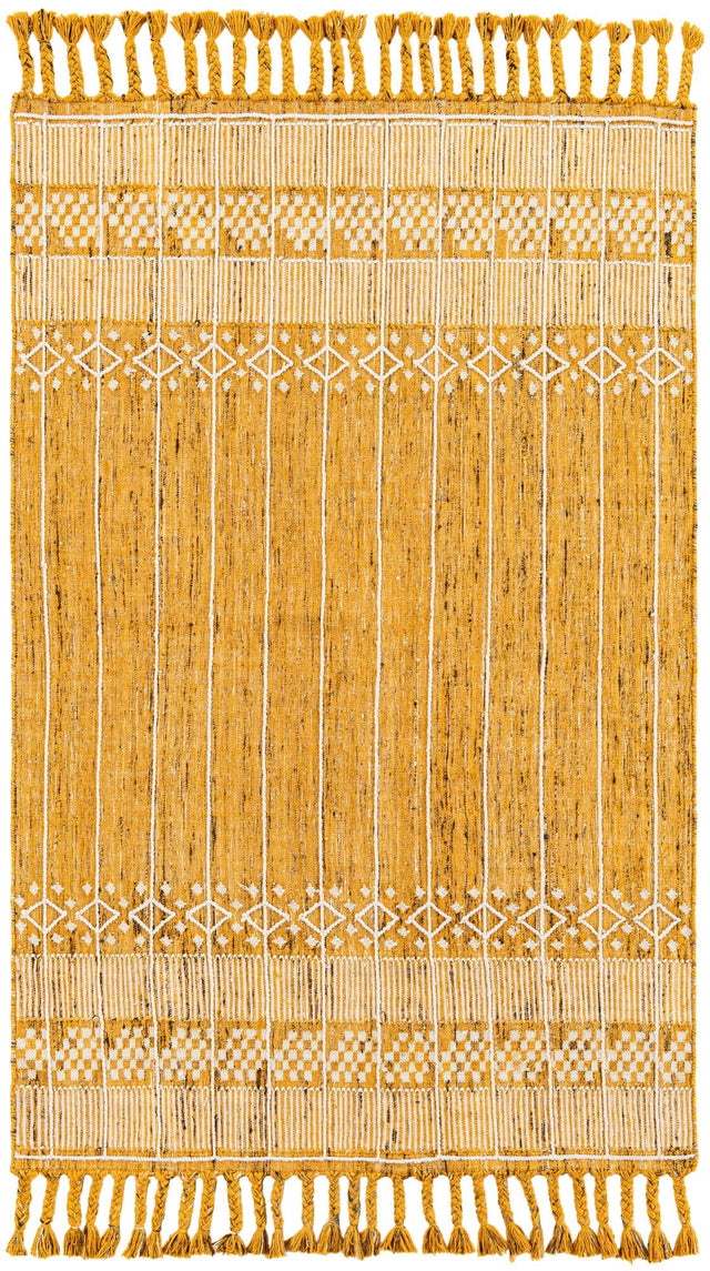 Mustard Yellow 5' 1 x 8' Eco Bohemian Indoor Outdoor Rectangle Area Rug Weather Resistant for Patio, Deck, Terrace, Balcony, Porch 100% Recycled PET Polyester Carpet Mat for Sale at Rug Engine