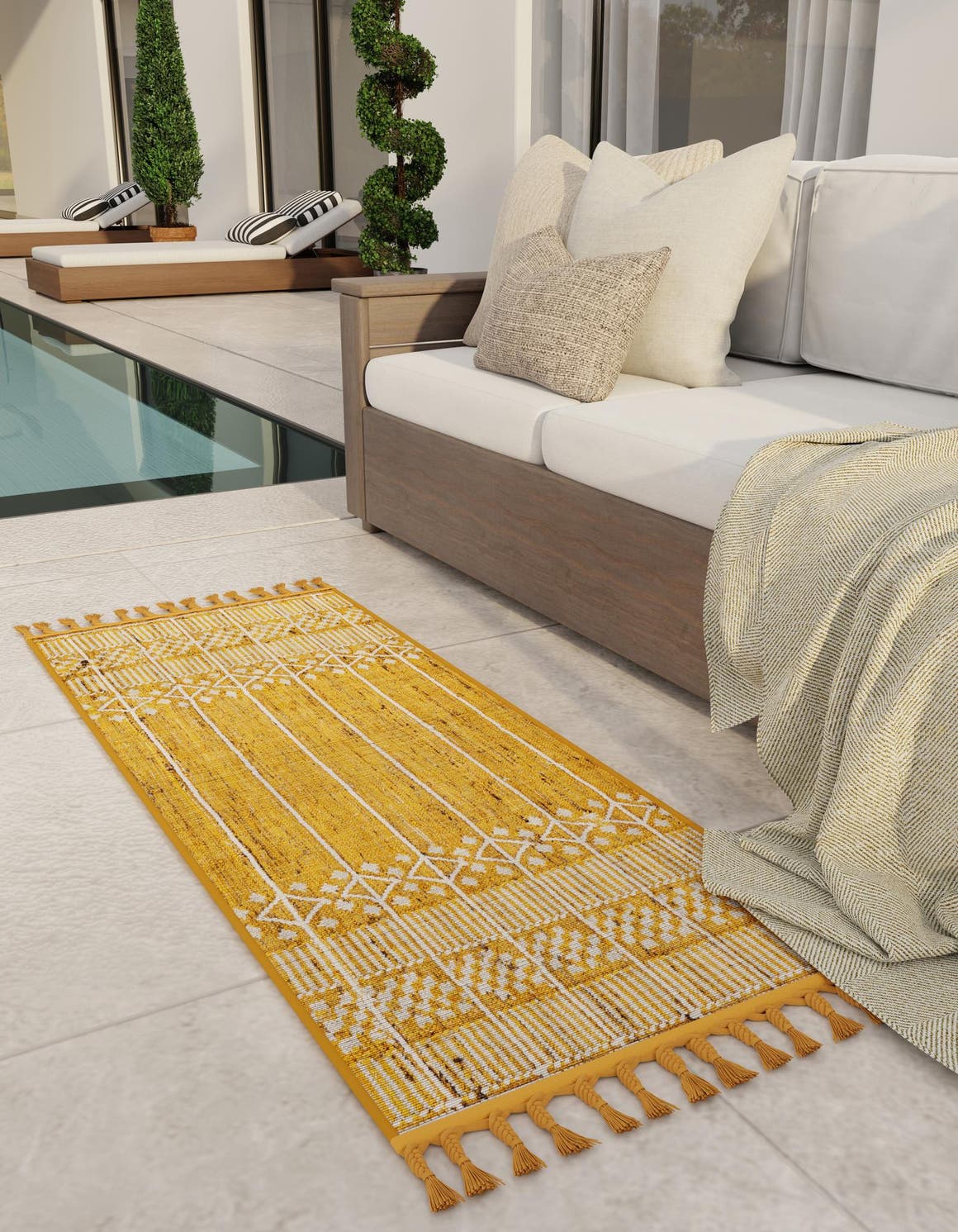 Mustard Yellow 2' 2 x 5' 1 Eco Bohemian Indoor Outdoor Runner Area Rug Weather Resistant for Patio, Deck, Terrace, Balcony, Porch 100% Recycled PET Polyester Carpet Mat for Sale at Rug Engine