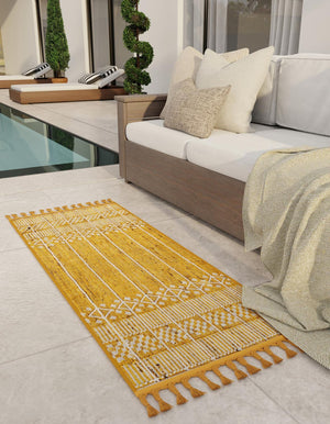 Mustard Yellow 2' 2 x 6' 7 Eco Bohemian Indoor Outdoor Runner Area Rug Weather Resistant for Patio, Deck, Terrace, Balcony, Porch 100% Recycled PET Polyester Carpet Mat for Sale at Rug Engine