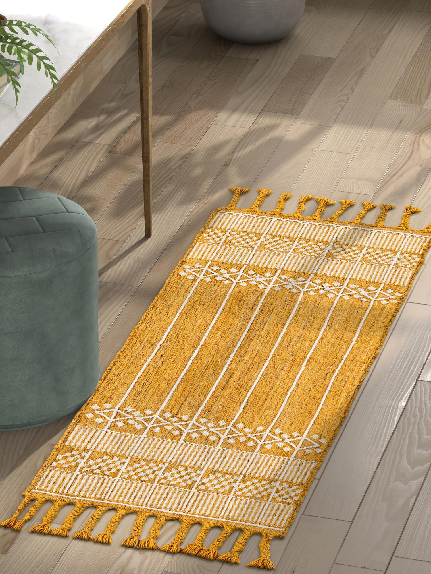Mustard Yellow 2' 2 x 8' 2 Eco Bohemian Indoor Outdoor Runner Area Rug Weather Resistant for Patio, Deck, Terrace, Balcony, Porch 100% Recycled PET Polyester Carpet Mat for Sale at Rug Engine