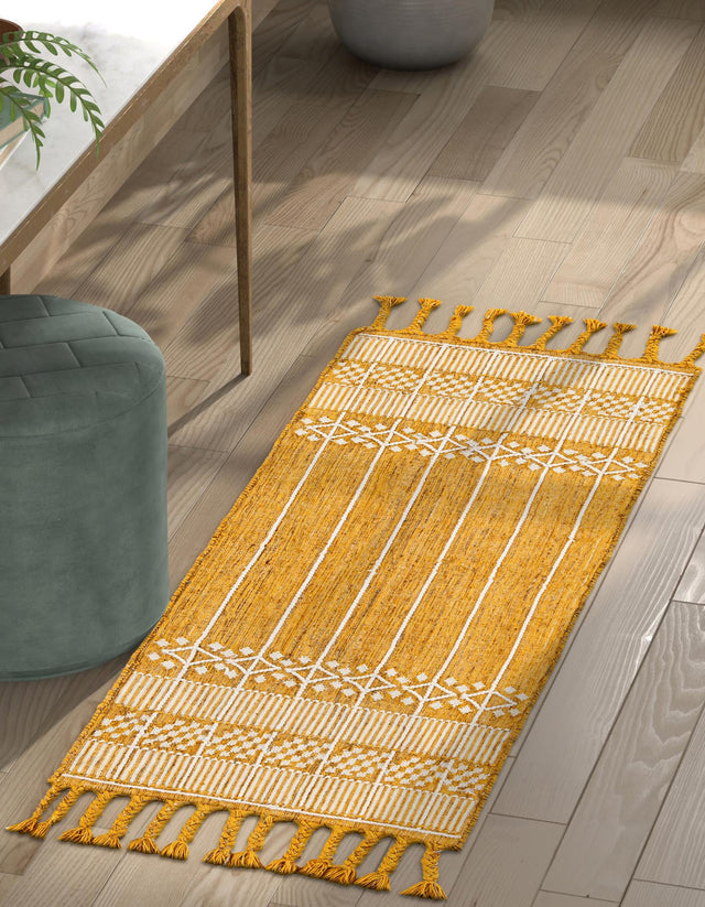 Mustard Yellow 2' 2 x 8' 2 Eco Bohemian Indoor Outdoor Runner Area Rug Weather Resistant for Patio, Deck, Terrace, Balcony, Porch 100% Recycled PET Polyester Carpet Mat for Sale at Rug Engine