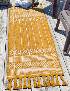 Mustard Yellow 2' 2 x 6' 7 Eco Bohemian Indoor Outdoor Runner Area Rug Weather Resistant for Patio, Deck, Terrace, Balcony, Porch 100% Recycled PET Polyester Carpet Mat for Sale at Rug Engine