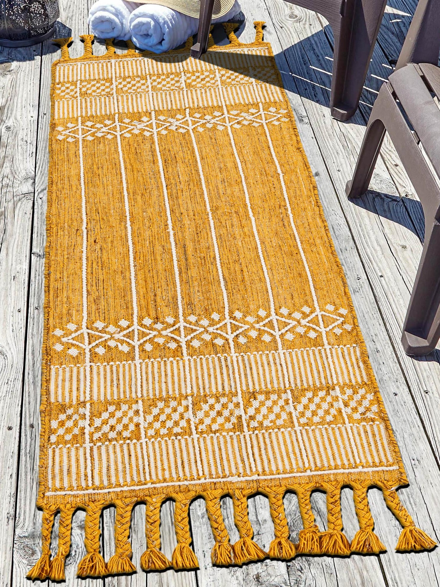 Mustard Yellow 2' 2 x 8' 2 Eco Bohemian Indoor Outdoor Runner Area Rug Weather Resistant for Patio, Deck, Terrace, Balcony, Porch 100% Recycled PET Polyester Carpet Mat for Sale at Rug Engine