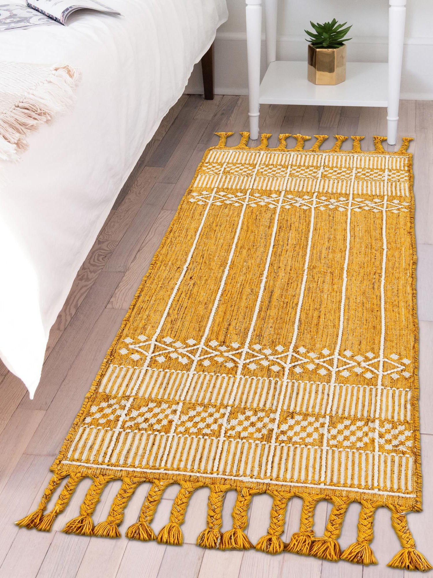 Mustard Yellow 2' 2 x 8' 2 Eco Bohemian Indoor Outdoor Runner Area Rug Weather Resistant for Patio, Deck, Terrace, Balcony, Porch 100% Recycled PET Polyester Carpet Mat for Sale at Rug Engine