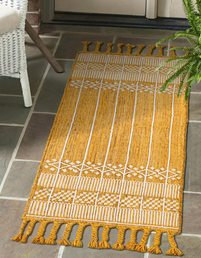 Mustard Yellow 2' 2 x 8' 2 Eco Bohemian Indoor Outdoor Runner Area Rug Weather Resistant for Patio, Deck, Terrace, Balcony, Porch 100% Recycled PET Polyester Carpet Mat for Sale at Rug Engine