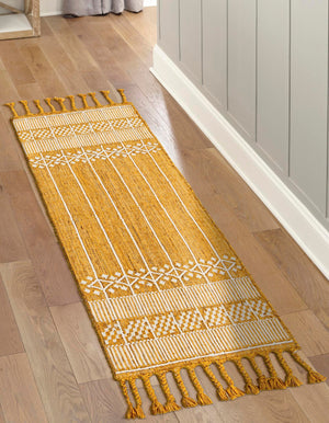Mustard Yellow 2' 2 x 6' 7 Eco Bohemian Indoor Outdoor Runner Area Rug Weather Resistant for Patio, Deck, Terrace, Balcony, Porch 100% Recycled PET Polyester Carpet Mat for Sale at Rug Engine
