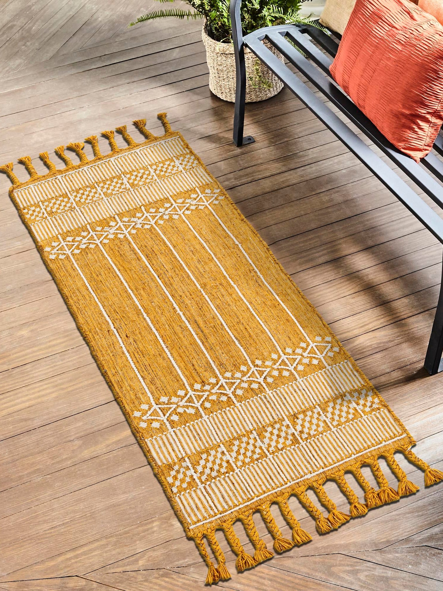 Mustard Yellow 2' 2 x 8' 2 Eco Bohemian Indoor Outdoor Runner Area Rug Weather Resistant for Patio, Deck, Terrace, Balcony, Porch 100% Recycled PET Polyester Carpet Mat for Sale at Rug Engine