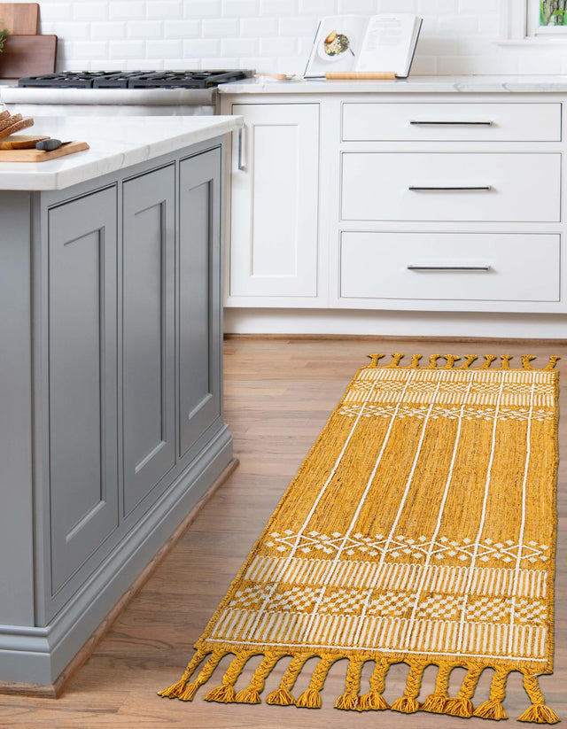 Mustard Yellow 2' 2 x 5' 1 Eco Bohemian Indoor Outdoor Runner Area Rug Weather Resistant for Patio, Deck, Terrace, Balcony, Porch 100% Recycled PET Polyester Carpet Mat for Sale at Rug Engine