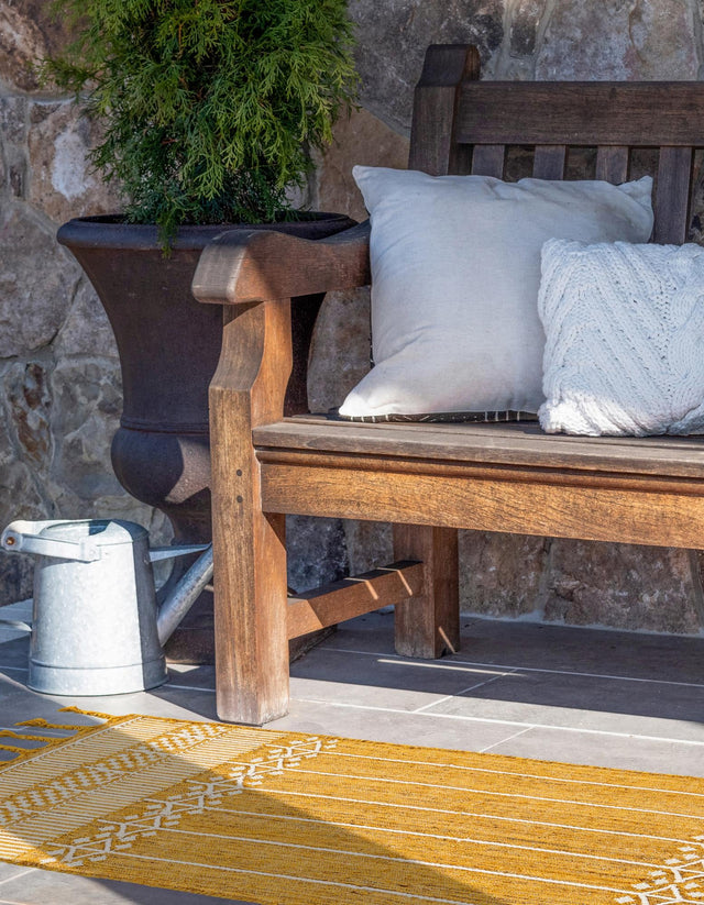 Mustard Yellow 2' 2 x 8' 2 Eco Bohemian Indoor Outdoor Runner Area Rug Weather Resistant for Patio, Deck, Terrace, Balcony, Porch 100% Recycled PET Polyester Carpet Mat for Sale at Rug Engine