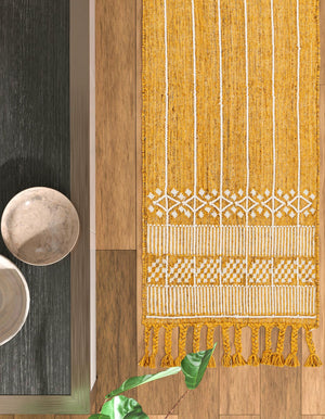 Mustard Yellow 2' 2 x 6' 7 Eco Bohemian Indoor Outdoor Runner Area Rug Weather Resistant for Patio, Deck, Terrace, Balcony, Porch 100% Recycled PET Polyester Carpet Mat for Sale at Rug Engine