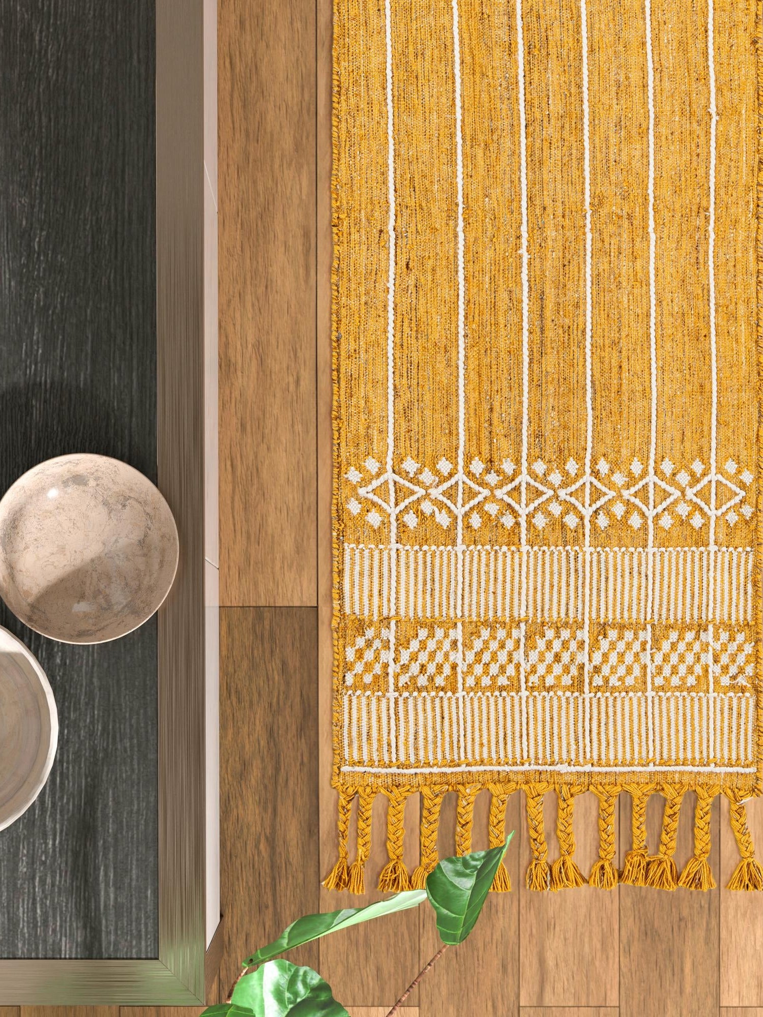 Mustard Yellow 2' 2 x 8' 2 Eco Bohemian Indoor Outdoor Runner Area Rug Weather Resistant for Patio, Deck, Terrace, Balcony, Porch 100% Recycled PET Polyester Carpet Mat for Sale at Rug Engine