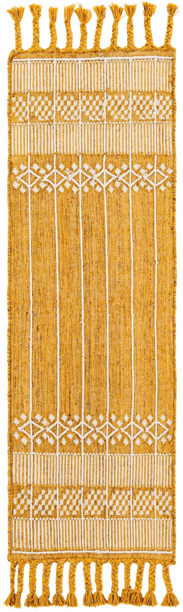 Mustard Yellow 2' 2 x 6' 7 Eco Bohemian Indoor Outdoor Runner Area Rug Weather Resistant for Patio, Deck, Terrace, Balcony, Porch 100% Recycled PET Polyester Carpet Mat for Sale at Rug Engine