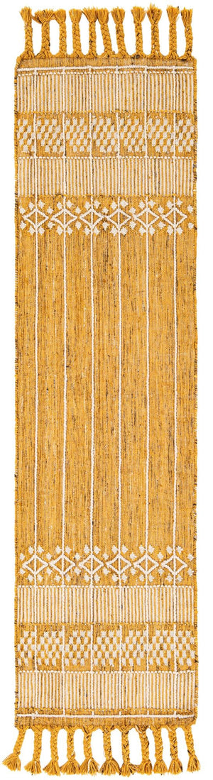 Mustard Yellow 2' 2 x 8' 2 Eco Bohemian Indoor Outdoor Runner Area Rug Weather Resistant for Patio, Deck, Terrace, Balcony, Porch 100% Recycled PET Polyester Carpet Mat for Sale at Rug Engine