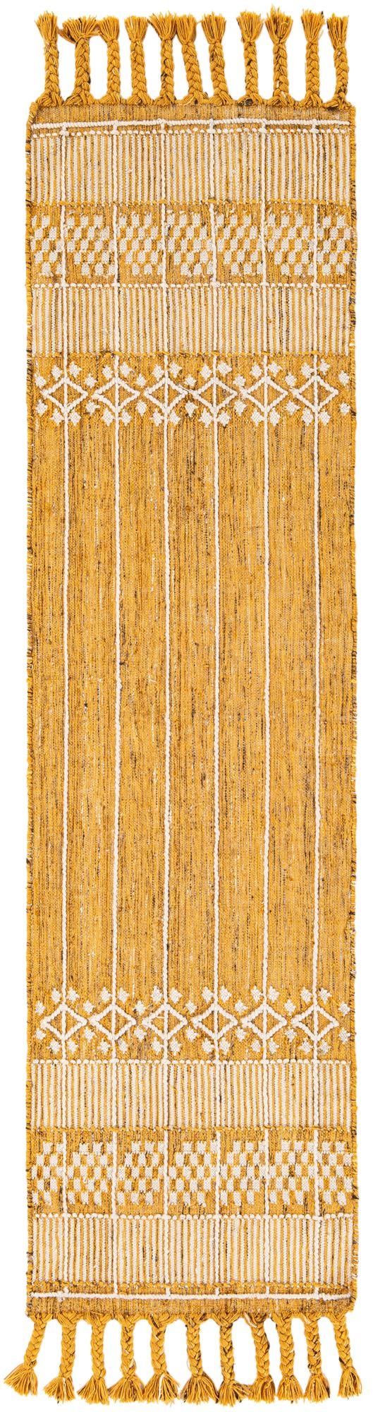 Mustard Yellow 2' 2 x 8' 2 Eco Bohemian Indoor Outdoor Runner Area Rug Weather Resistant for Patio, Deck, Terrace, Balcony, Porch 100% Recycled PET Polyester Carpet Mat for Sale at Rug Engine
