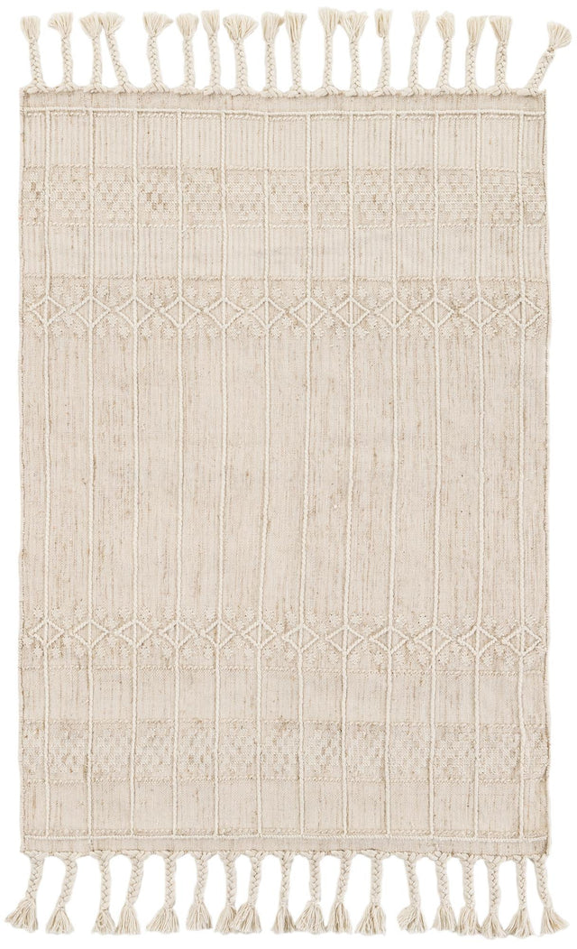 Ivory 4' 1 x 6' 1 Eco Bohemian Indoor Outdoor Rectangle Area Rug Weather Resistant for Patio, Deck, Terrace, Balcony, Porch 100% Recycled PET Polyester Carpet Mat for Sale at Rug Engine