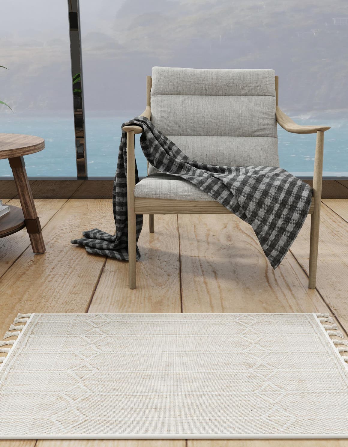 Ivory 5' 1 x 8' Eco Bohemian Indoor Outdoor Rectangle Area Rug Weather Resistant for Patio, Deck, Terrace, Balcony, Porch 100% Recycled PET Polyester Carpet Mat for Sale at Rug Engine