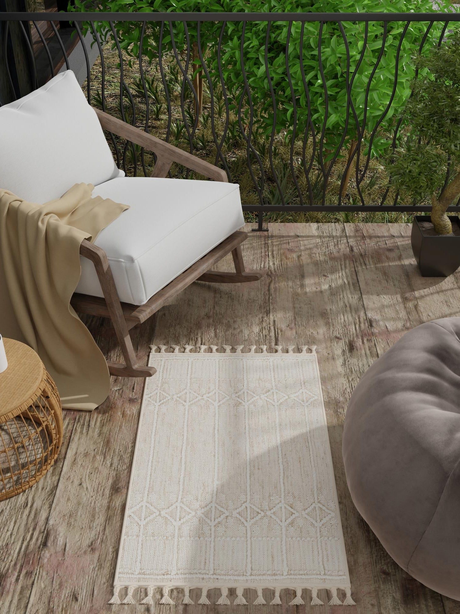 Ivory 2' x 3' 1 Eco Bohemian Indoor Outdoor Rectangle Area Rug Weather Resistant for Patio, Deck, Terrace, Balcony, Porch 100% Recycled PET Polyester Carpet Mat for Sale at Rug Engine