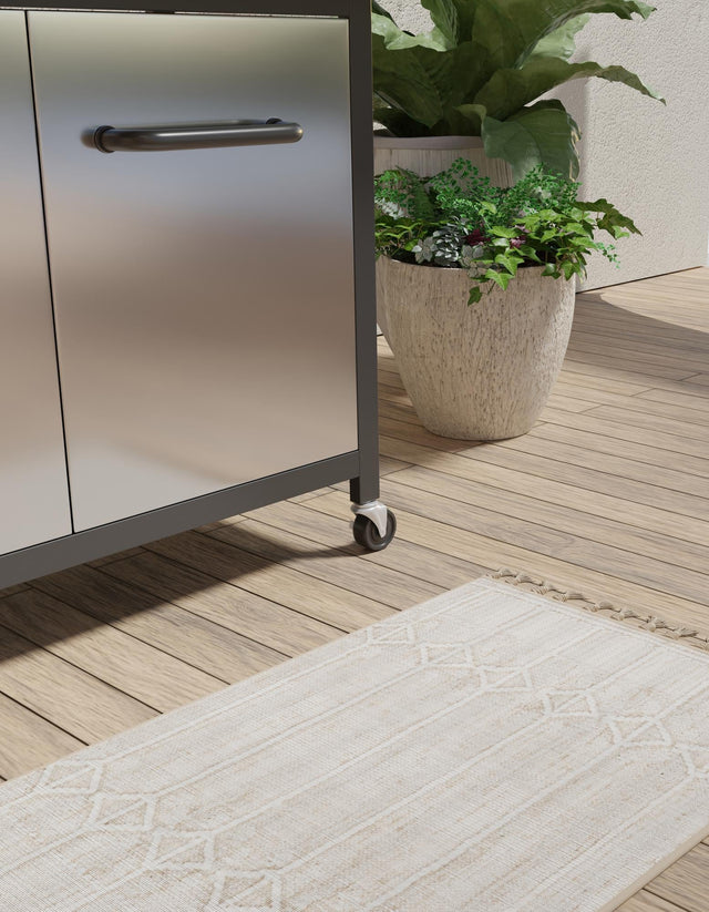 Ivory 4' 1 x 6' 1 Eco Bohemian Indoor Outdoor Rectangle Area Rug Weather Resistant for Patio, Deck, Terrace, Balcony, Porch 100% Recycled PET Polyester Carpet Mat for Sale at Rug Engine