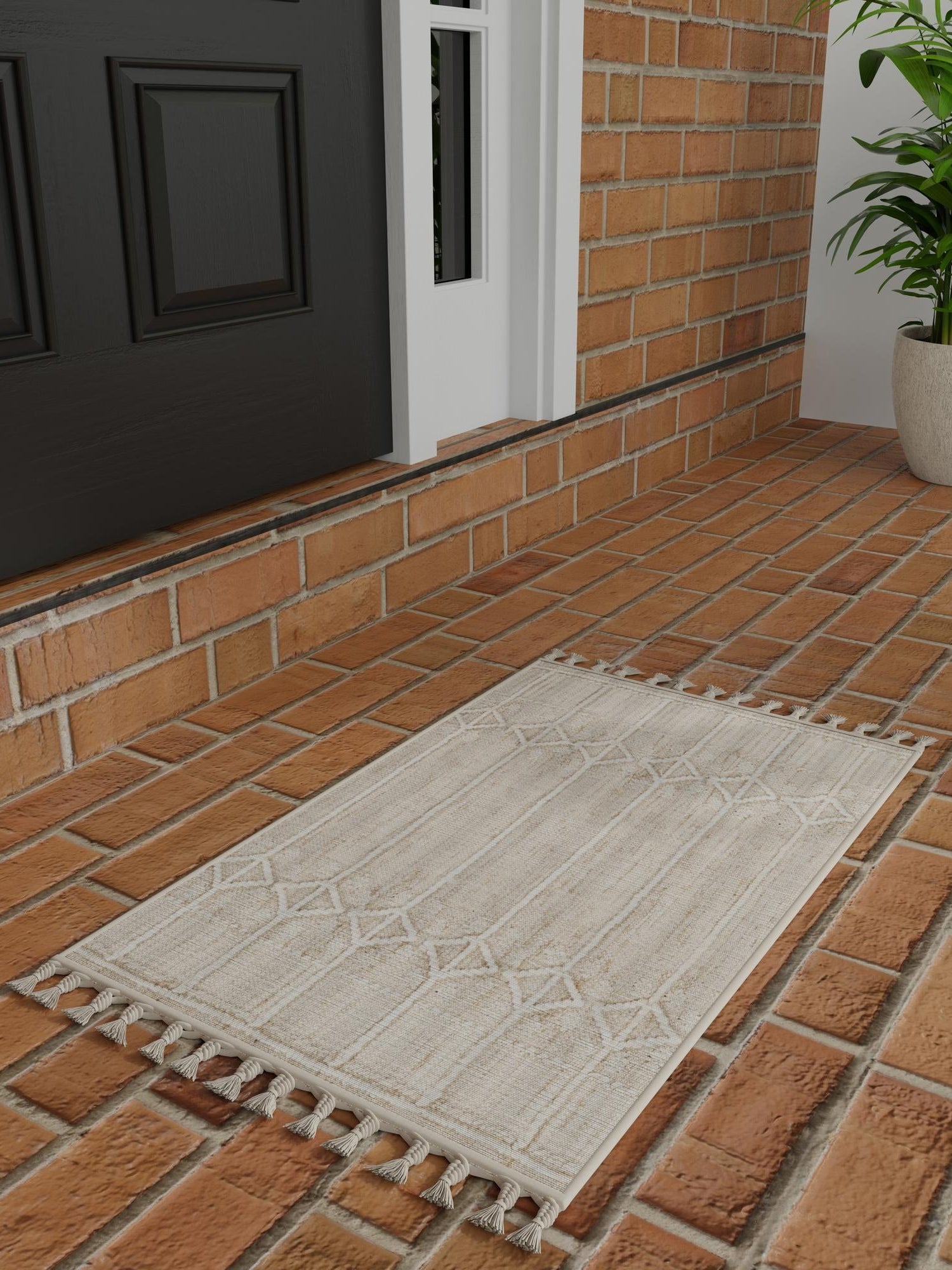 Ivory 9' x 12' Eco Bohemian Indoor Outdoor Rectangle Area Rug Weather Resistant for Patio, Deck, Terrace, Balcony, Porch 100% Recycled PET Polyester Carpet Mat for Sale at Rug Engine