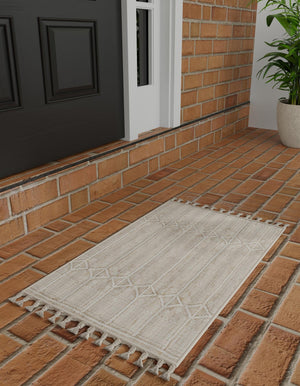 Ivory 9' x 12' Eco Bohemian Indoor Outdoor Rectangle Area Rug Weather Resistant for Patio, Deck, Terrace, Balcony, Porch 100% Recycled PET Polyester Carpet Mat for Sale at Rug Engine