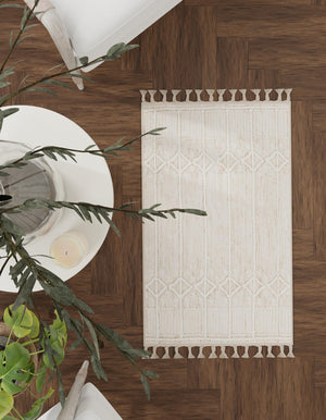 Ivory 7' 10 x 10' Eco Bohemian Indoor Outdoor Rectangle Area Rug Weather Resistant for Patio, Deck, Terrace, Balcony, Porch 100% Recycled PET Polyester Carpet Mat for Sale at Rug Engine