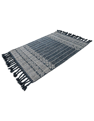 Navy Blue 4' 1 x 6' 1 Eco Bohemian Indoor Outdoor Rectangle Area Rug Weather Resistant for Patio, Deck, Terrace, Balcony, Porch 100% Recycled PET Polyester Carpet Mat for Sale at Rug Engine