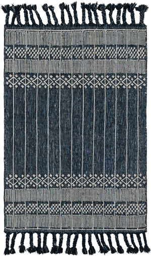 Navy Blue 4' 1 x 6' 1 Eco Bohemian Indoor Outdoor Rectangle Area Rug Weather Resistant for Patio, Deck, Terrace, Balcony, Porch 100% Recycled PET Polyester Carpet Mat for Sale at Rug Engine