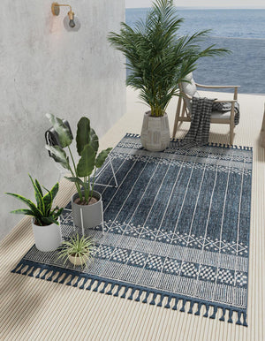 Navy Blue 2' x 3' 1 Eco Bohemian Indoor Outdoor Rectangle Area Rug Weather Resistant for Patio, Deck, Terrace, Balcony, Porch 100% Recycled PET Polyester Carpet Mat for Sale at Rug Engine