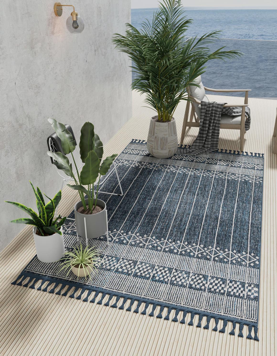 Navy Blue 5' 1 x 8' Eco Bohemian Indoor Outdoor Rectangle Area Rug Weather Resistant for Patio, Deck, Terrace, Balcony, Porch 100% Recycled PET Polyester Carpet Mat for Sale at Rug Engine