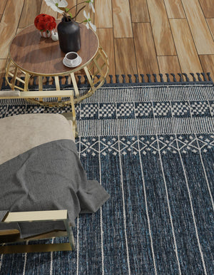 Navy Blue 5' 1 x 8' Eco Bohemian Indoor Outdoor Rectangle Area Rug Weather Resistant for Patio, Deck, Terrace, Balcony, Porch 100% Recycled PET Polyester Carpet Mat for Sale at Rug Engine