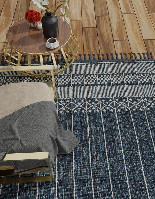Navy Blue 10' x 14' 1 Eco Bohemian Indoor Outdoor Rectangle Area Rug Weather Resistant for Patio, Deck, Terrace, Balcony, Porch 100% Recycled PET Polyester Carpet Mat for Sale at Rug Engine