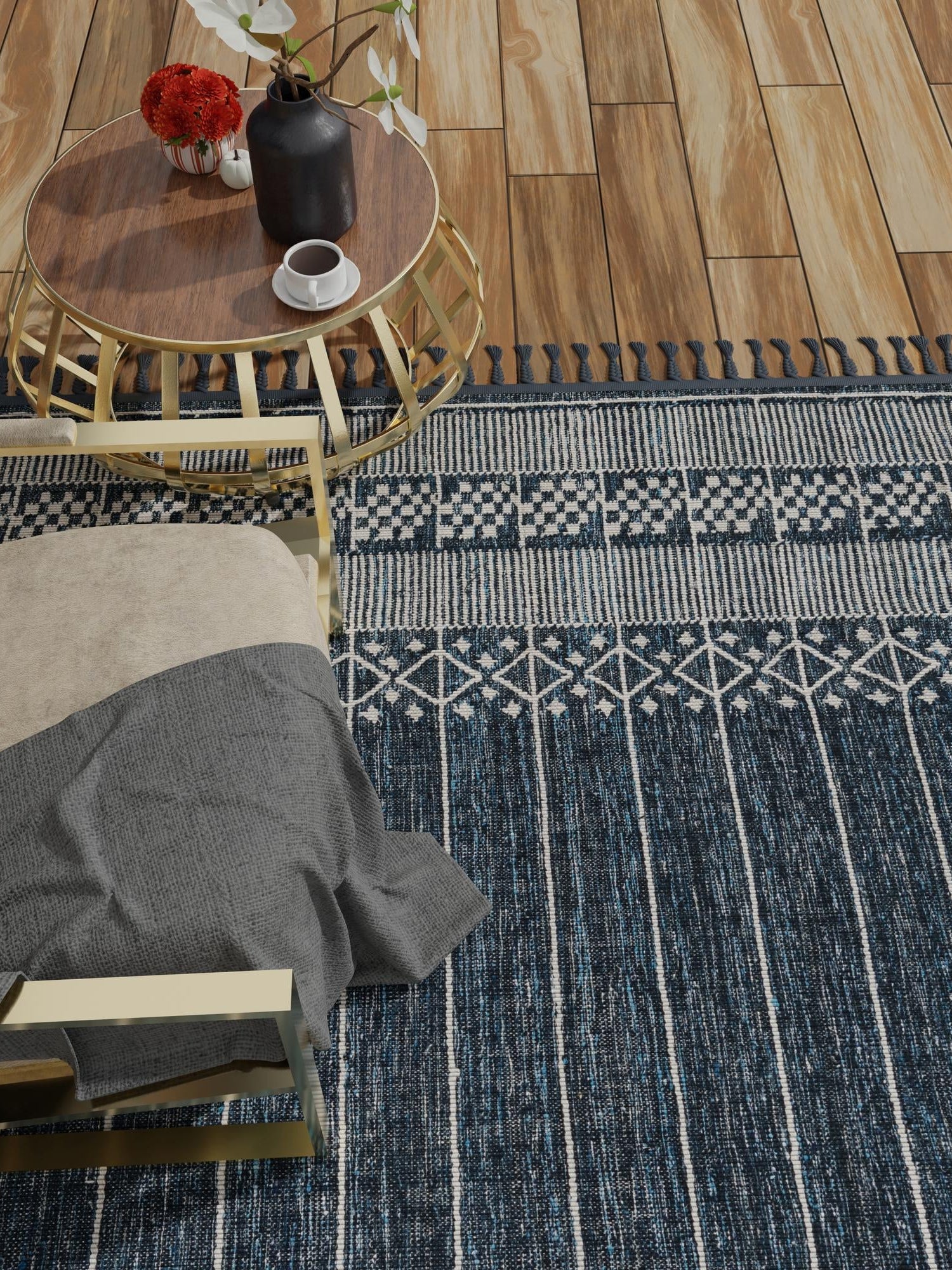 Navy Blue 7' 10 x 10' Eco Bohemian Indoor Outdoor Rectangle Area Rug Weather Resistant for Patio, Deck, Terrace, Balcony, Porch 100% Recycled PET Polyester Carpet Mat for Sale at Rug Engine
