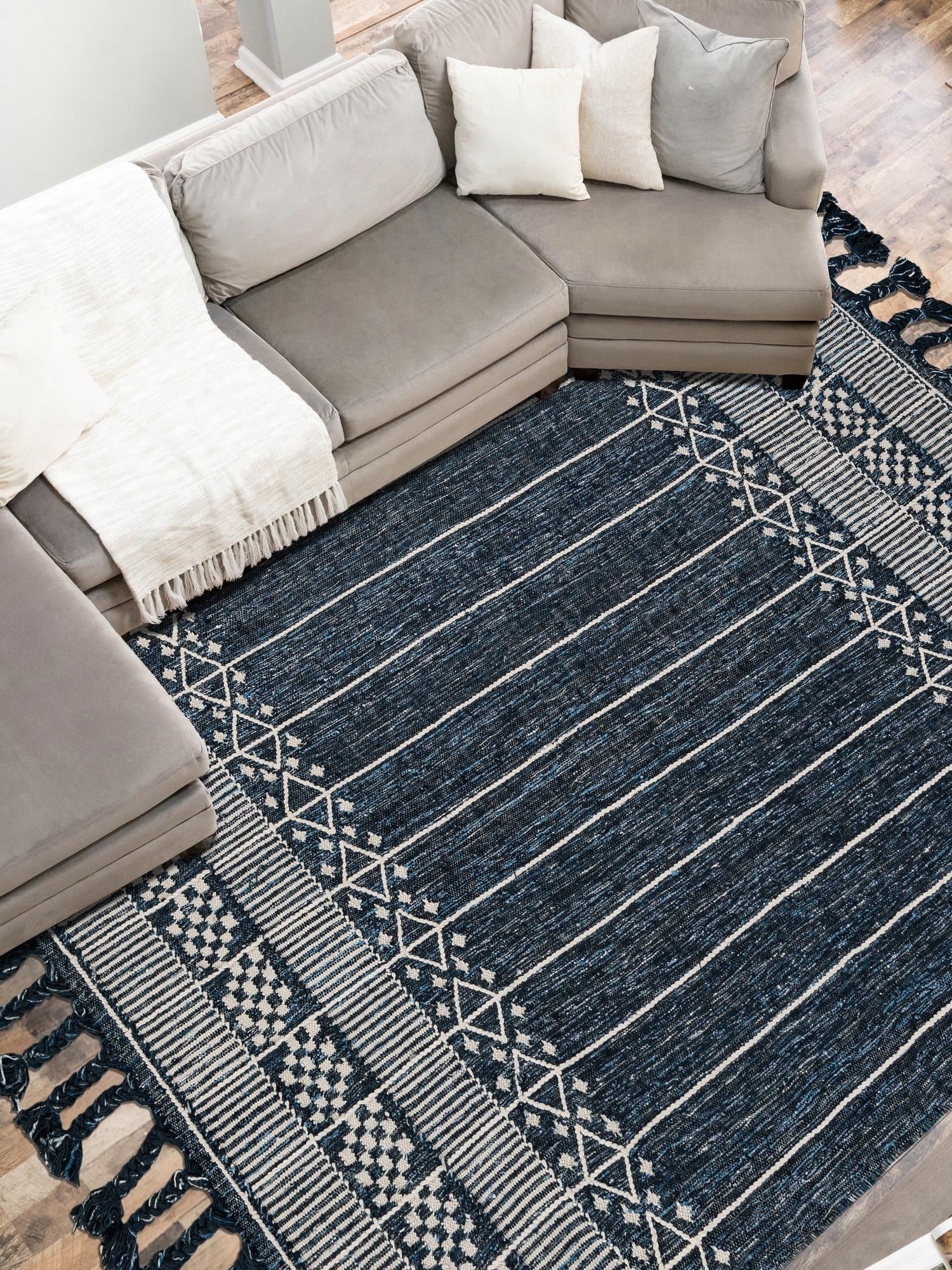 Navy Blue 9' x 12' Eco Bohemian Indoor Outdoor Rectangle Area Rug Weather Resistant for Patio, Deck, Terrace, Balcony, Porch 100% Recycled PET Polyester Carpet Mat for Sale at Rug Engine